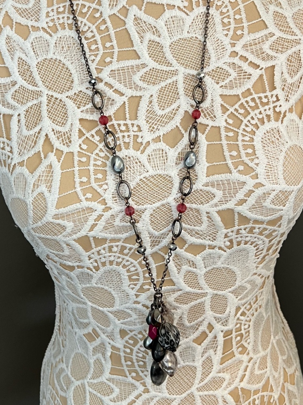 Long Gunmetal Necklace with Pink and Silver and Leopard Accents